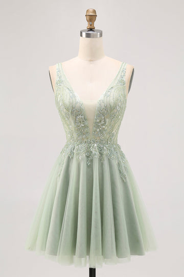 Backless A Line Green Homecoming Dress with Appliques